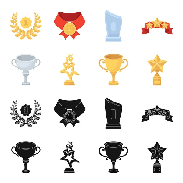 Copa de plata para el segundo lugar, estrellas de oro en el stand, una taza con una estrella, una copa de oro.Premios y trofeos conjunto de iconos de la colección en negro, caricatura estilo vector símbolo stock ilustración web . — Vector de stock