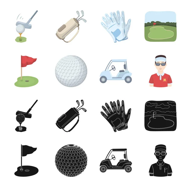 Veld met een gat en een vlag, een golfbal, een golfer, een elektrische golfkar. Golf club instellen collectie iconen in zwart, cartoon stijl vector symbool stock illustratie web. — Stockvector