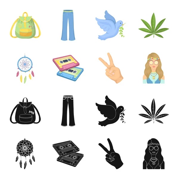 Amulet, hippie girl, freedom sign, old cassette.Hippy set collection icons in black,cartoon style vector symbol stock illustration web. — Stock Vector