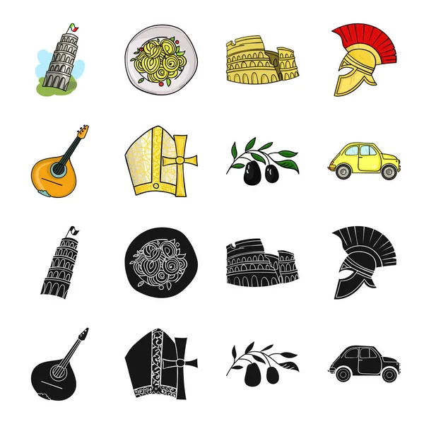 Mandolín, papá, oliva, retro auto.Italy país conjunto de iconos de la colección en negro, caricatura estilo vector símbolo stock ilustración web . — Vector de stock