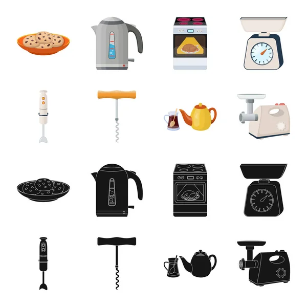 Equipo de cocina negro, iconos de dibujos animados en la colección de conjuntos para el diseño. Cocina y accesorios vector símbolo stock web ilustración . — Vector de stock