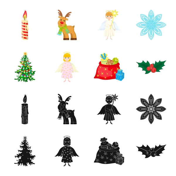 Weihnachtsbaum, Engel, Geschenke und Stechpalme schwarz, Cartoon-Ikonen in Set-Kollektion für Design. weihnachten vektor symbol stock web illustration. — Stockvektor