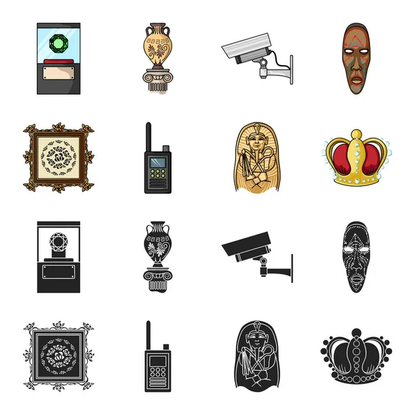 Foto, sarcofaag van de farao, de walkie-talkie, de kroon. Museum collectie iconen in zwart, cartoon stijl vector symbool stock illustratie web instellen. — Stockvector