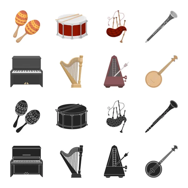 Banjo, piano, harpa, metronome. Musikinstrument som samling ikoner i svart, tecknad stil vektor symbol stock illustration web. — Stock vektor