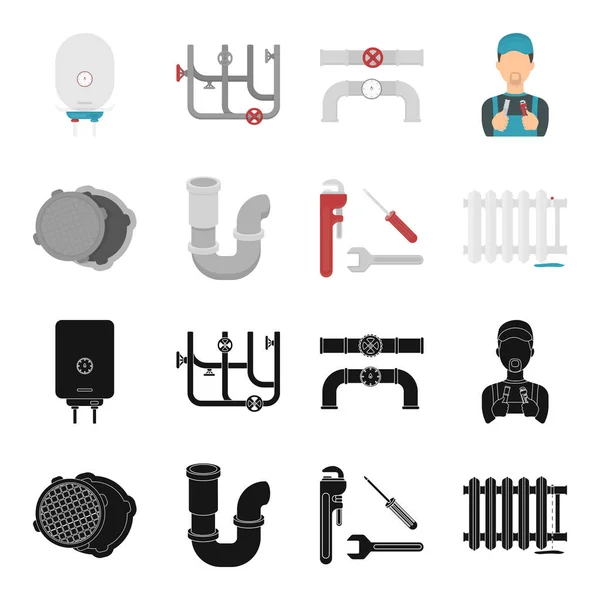Abwasserluke, Werkzeug, radiator.plumbing Set Sammlung Symbole in schwarz, Cartoon-Stil Vektor Symbol Stock Illustration Web. — Stockvektor