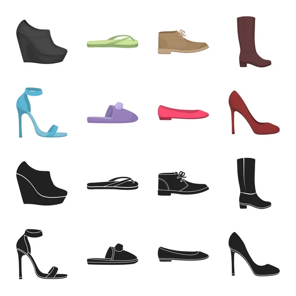 Sandalias de tacón alto azul, zapatillas de lilas caseras con un pampón, zapatos de ballet para mujeres rosas, zapatos de tacón alto marrones. Zapatos conjunto de iconos de colección en negro, dibujos animados estilo vector símbolo stock ilustración — Vector de stock