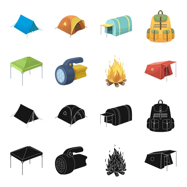 Luifel, brand en andere toeristische uitrusting. Tent instellen collectie iconen in zwart, cartoon stijl vector symbool stock illustratie web. — Stockvector