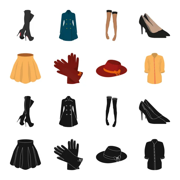 Φούστα με πτυχώσεις, γυναίκες καπέλο με ένα τόξο, δερμάτινα γάντια, πουκάμισο της βίδας. Γυναικεία ρούχα συλλογή εικόνες που σε μαύρο, καρτούν στυλ διάνυσμα σύμβολο απόθεμα ενδεικτικά web. — Διανυσματικό Αρχείο
