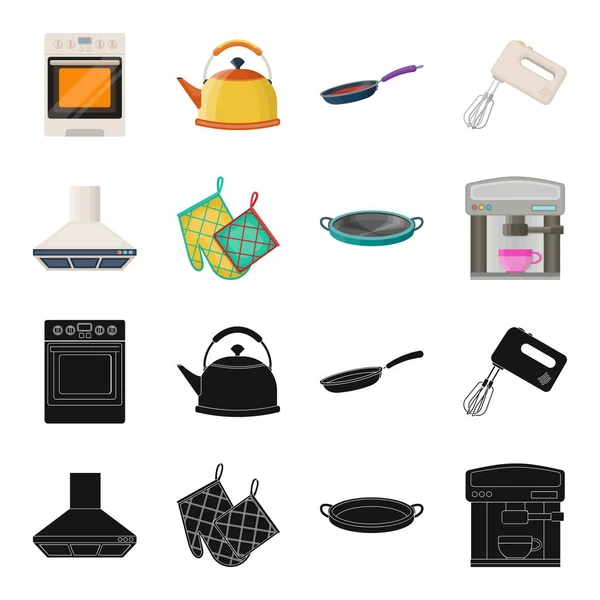 Equipo de cocina negro, iconos de dibujos animados en la colección de conjuntos para el diseño. Cocina y accesorios vector símbolo stock web ilustración . Ilustraciones de stock libres de derechos