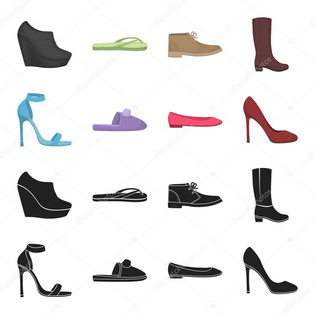 Blue high-heeled sandals, homemade lilac slippers with a pampon, pink women ballet flats, brown high-heeled shoes. Shoes set collection icons in black,cartoon style vector symbol stock illustration .