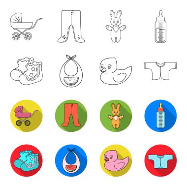 Çorap, önlük, oyuncak ördek, raspashonka. Anahat, flet stil vektör simge stok çizim web doğan bebek set simgeler.