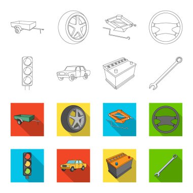 Trafik ışığı, eski bir araba, pil, İngiliz anahtarı, anahat, düz stil vektör simge stok çizim web simgeler set araba.