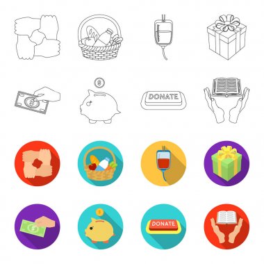 El ile para poshestvovaniya, hayır için bir kumbara, bir düğme ile bir yazıt, ellerindeki körler için bir kitap için. Yardım ve bağış toplama simgeler anahat, düz stil vektör ayarla