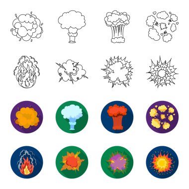 Alevi, kıvılcım, hidrojen parçaları, atomik ya da gaz patlaması, fırtına, güneş patlaması. Patlamalar toplama simgeler anahat, flet stil vektör simge stok çizim web ayarla..