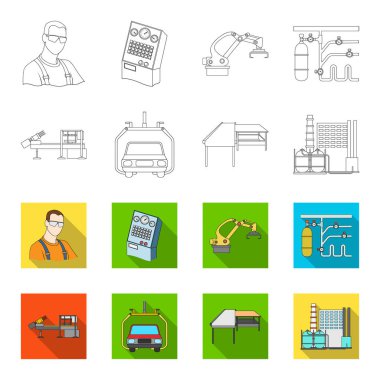 Otomotiv Sanayi ve diğer web simgesi anahat, düz stil. Yeni teknolojileri simgeler kümesi koleksiyonu.