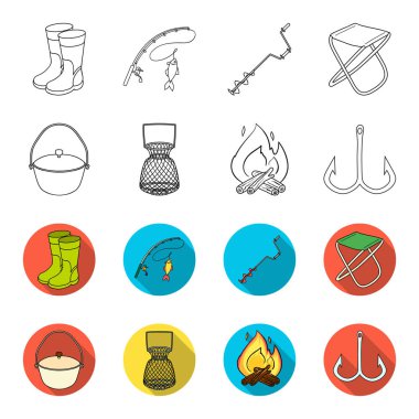 Catch, kanca, kafes, pudra. Balık tutma toplama simgeler anahat, flet stil vektör simge stok çizim web ayarla..