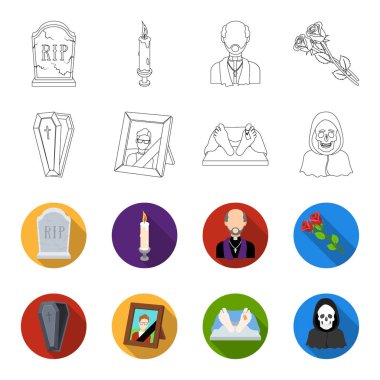 Tabut bir kapak ve bir haç, merhum yas kurdele ile bir ceset morgda etiket, ölüm bir başlıklı tablo bir fotoğraf ile. Cenaze töreni toplama simgeler anahat ayarla.