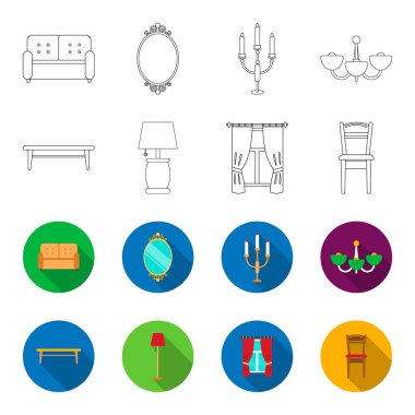 Bir sehpa, bir lamba, perdeler, bir sandalye. Mobilya toplama simgeler anahat, flet stil vektör simge stok çizim web ayarla..