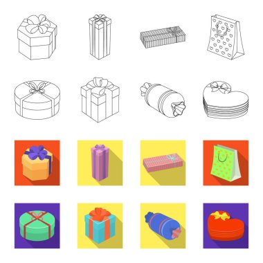 Fiyonklu hediye paketi hediye kutusu. Hediyeler ve sertifikaları anahat, düz stil vektör simge stok çizim web simgeler ayarla.