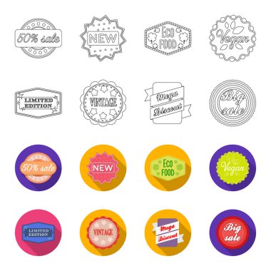 Sayılı seri, vintage, mega discont, kazmak Satılık. Etiket, anahat, düz stil vektör simge stok çizim web simgeler ayarla.