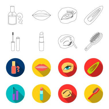 Maskara, saç fırçası, ruj, kaş kalemi, makyaj anahat, flet stil vektör simge stok çizim web simgeler ayarla.