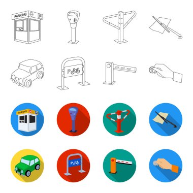 Araban, bariyer, Bisiklet park yeri, para el için ödeme Park. Buraya park edilmez toplama simgeler anahat, düz stil vektör simge stok çizim web ayarla..