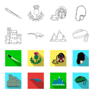 Edinburgh Castle, Loch Ness canavarı, Grampian Dağları, ulusal kap balmoral, tam shanter. İskoçya toplama simgeler anahat, flet stil vektör simge stok çizim web ayarla..