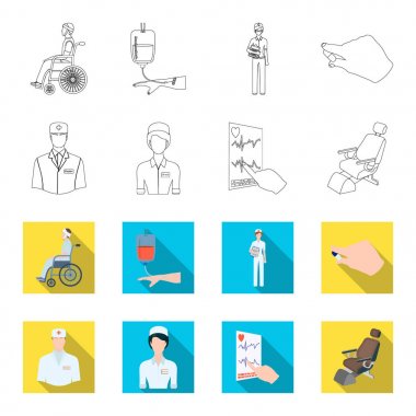 Uzman hekim, hemşire, kalp, diş sandalye kardiyogram. Medicineset toplama simgeler anahat, düz stil vektör simge stok çizim web.