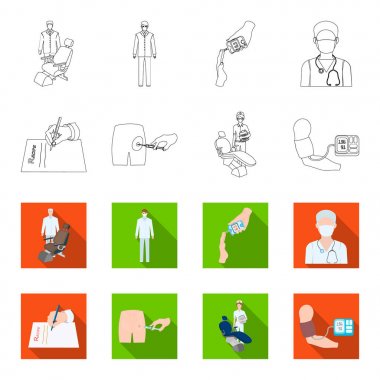 Kas içi enjeksiyon reçete, diş hekimi, kan basıncı ölçüm. Medicineset toplama simgeler anahat, flet stil vektör simge stok çizim web.