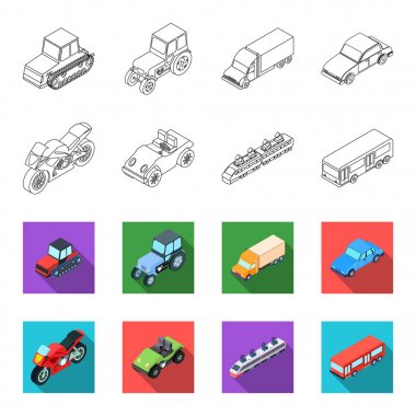 Motosiklet, golf arabası, tren, otobüs. Taşıma anahat, flet stil vektör simge stok çizim web simgeler kümesi.