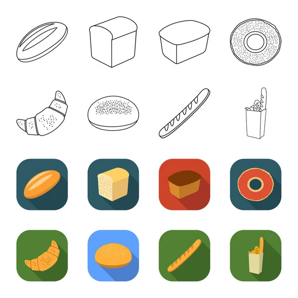 Roggen Rundbrot, ein Croissant, ein französischer Laib, eine Tüte Brot. Brot Set Sammlung Symbole in Umrissen, flache Stil Vektor Symbol Stock Illustration Web. — Stockvektor