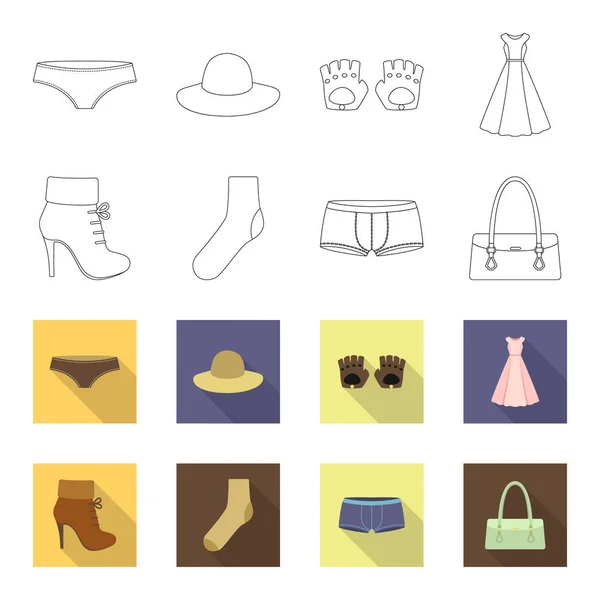 Женские ботинки, носки, шорты, женская сумка. Иконки коллекции набора одежды в виде контура, векторные символы стиля флета иконки запаса иллюстрации веб . — стоковый вектор