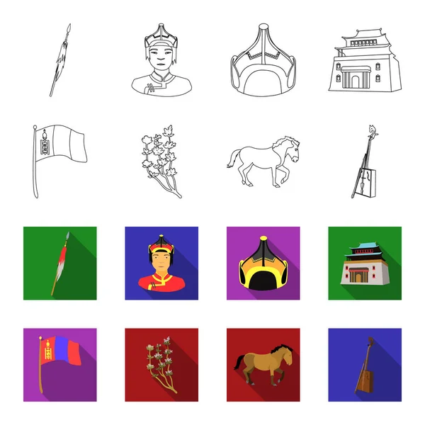 Nationale vlag, paard, muziekinstrument, steppe plant. Mongolië instellen collectie iconen in overzicht, vlakke stijl vector symbool stock illustratie web. — Stockvector