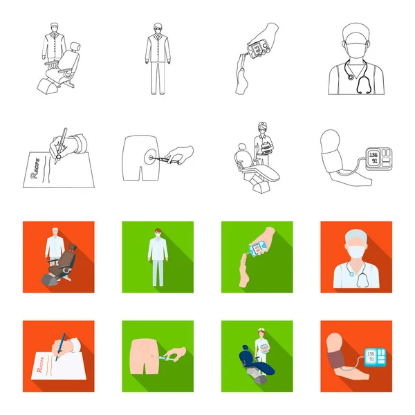 Intramuscular injection, prescription, Dentist, blood pressure measurement. Medicineset collection icons in outline,flet style vector symbol stock illustration web. — Stock Vector