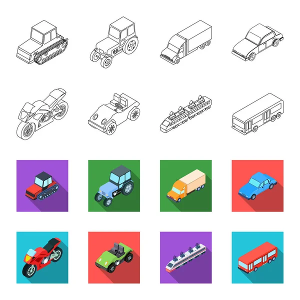 Мотоцикл, гольф-кар, поезд, автобус. Иконки коллекции транспортного набора в виде контура, векторные символы типа flet на складе иллюстрации веб . — стоковый вектор