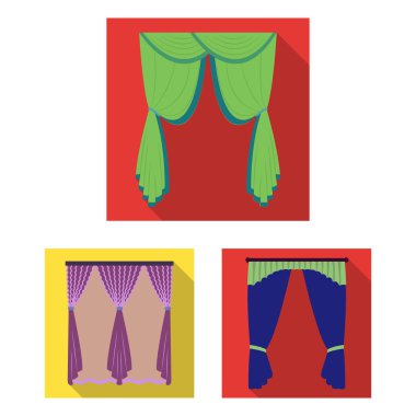 Perde çeşitleri set koleksiyonu tasarım için simgeleri düz. Perdeler ve Saçakların sembol stok web illüstrasyon vektör.