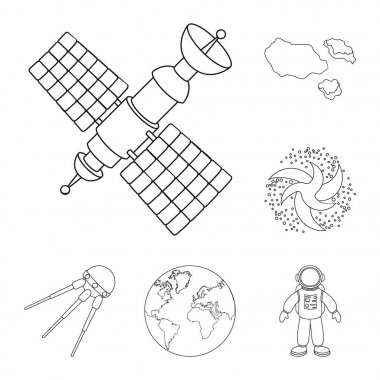 Uzay teknolojisi anahat simgeleri set koleksiyonu tasarım için. Sembol stok web illüstrasyon vektör uzay aracı ve ekipman.