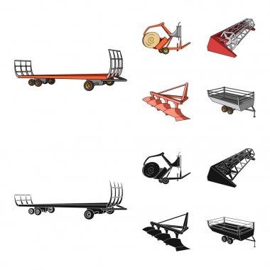 Pulluk, testere, römork ve diğer tarım aygıtları birleştirin. Tarım makineleri toplama simgeler çizgi film, siyah stil vektör simge stok çizim web ayarla..