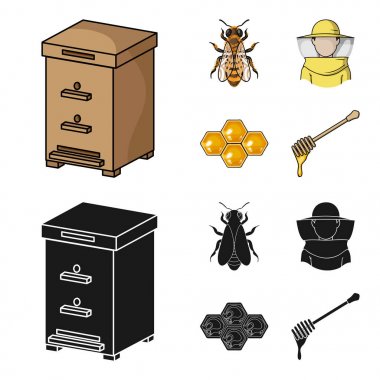Arı, arıcı maskesi, bal peteği. Arı kovanı toplama simgeler çizgi film, siyah stil vektör simge stok çizim web ayarla..