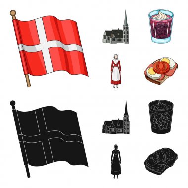 Bayrak, Milli, sembol ve diğer web simgesi çizgi film, siyah tarzı. Danimarka, Tarih, turizm, küme koleksiyon simgeler.