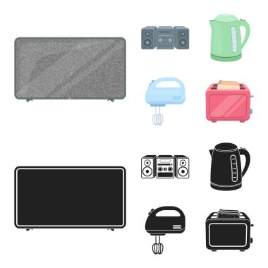 Elektrikli su ısıtıcısı, Müzik Merkezi, Mikser, ekmek kızartma makinesi. Ev toplama simgeler çizgi film, siyah stil vektör simge stok çizim web ayarla..