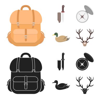 Bıçak bir kapak, bir ördek, bir geyik boynuzu, bir kapak ile bir pusula ile. Avcılık toplama simgeler çizgi film, siyah stil vektör simge stok çizim web içinde ayarla..