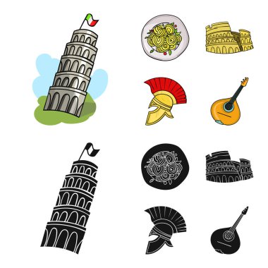 Pisa Kulesi, makarna, coliseum, Çöl Kaplanı kask. İtalya ülke toplama simgeler çizgi film, siyah stil vektör simge stok çizim web ayarla..