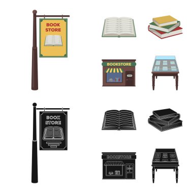 Bir tabela, bir kitapçı, kitapların bir yığınına, açık bir kitap. Bir kütüphane ve bir kitapçı toplama simgeler çizgi film, siyah stil vektör simge stok çizim web ayarla.