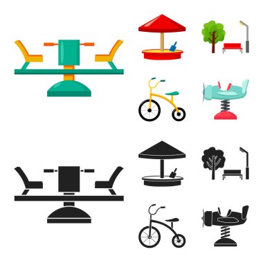 Carousel, kum, park, üç tekerlekli bisiklet. Bahçesi çizgi film, siyah stil vektör simge stok çizim web simgeler ayarla.