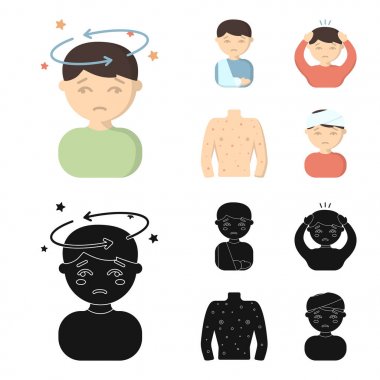 Bir baş ağrısı, yıldız, bir adam bir oyuncular, kırık bir el ile ile ile bir çocuk hasta bir adam başını elleri, bir adam gövde ile ülserler ve bir döküntü ile yakaladı. Çizgi film, siyah stil hasta küme koleksiyon simgeler