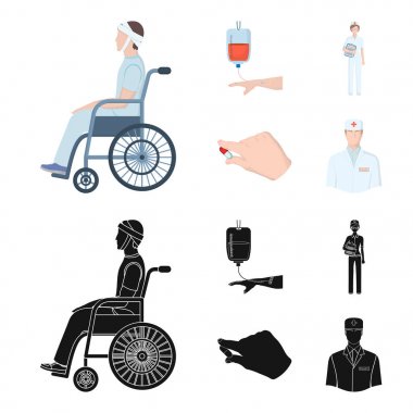 Travma, kan nakli, Doktor, bir doktorun elinde ilaç ile geçersiz. Çizgi film, siyah stil vektör simge stok çizim web Medicineset koleksiyon simgeler.