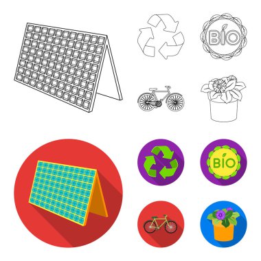Biyo etiket, eco motor, güneş paneli, işareti geri dönüşüm. Biyoloji ve ekoloji anahat, düz stil vektör simge stok çizim web simgeler ayarla.