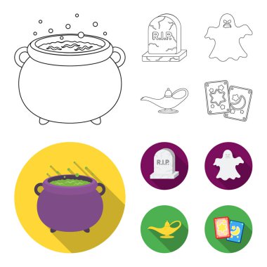 Bir cadı kazanı, bir mezar taşı, bir hayalet, bir cin lamba. Siyah ve beyaz büyü toplama simgeler anahat, düz stil vektör simge stok çizim web ayarla..