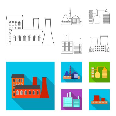 Sanayi, üretim. Fabrika toplama simgeler anahat, düz stil vektör simge stok çizim web ayarla..